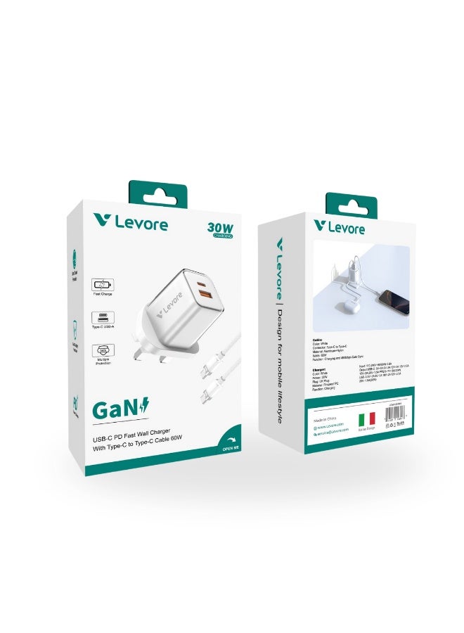 ليفور شاحن حائط ليفور GaN بقوة 30 واط مع منفذين وكابل USB-C إلى USB-C – LGW132-WH - Image 2